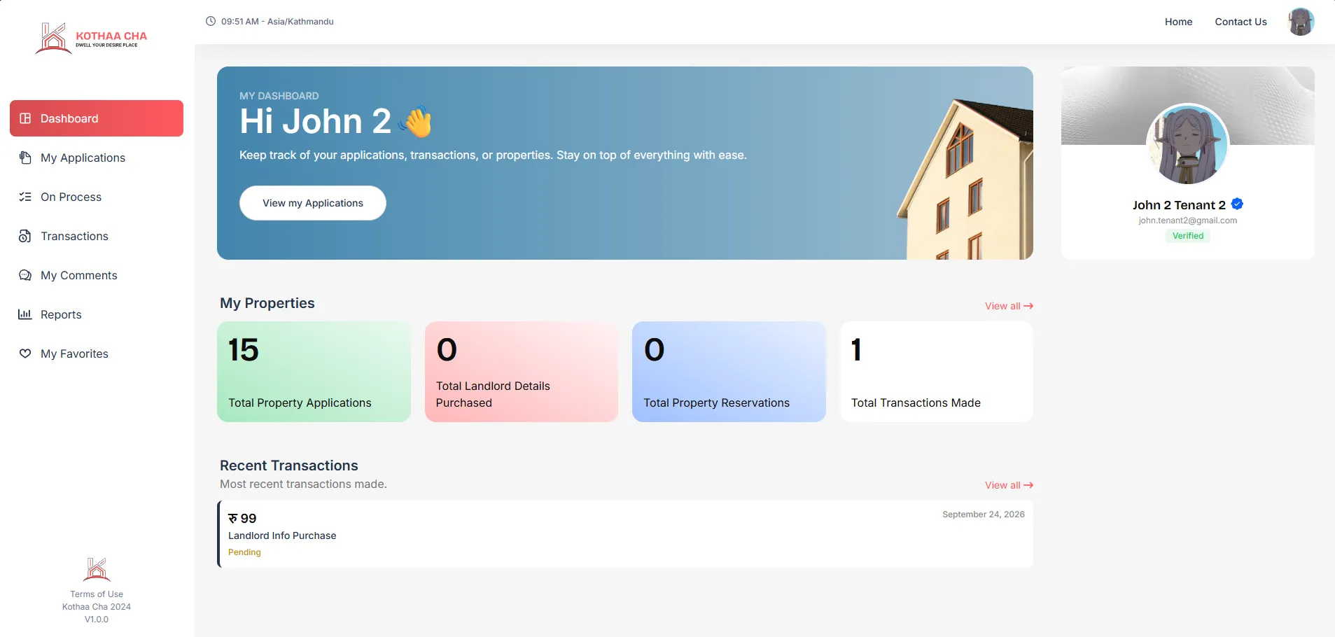 Kothaa Cha Tenant Dashboard