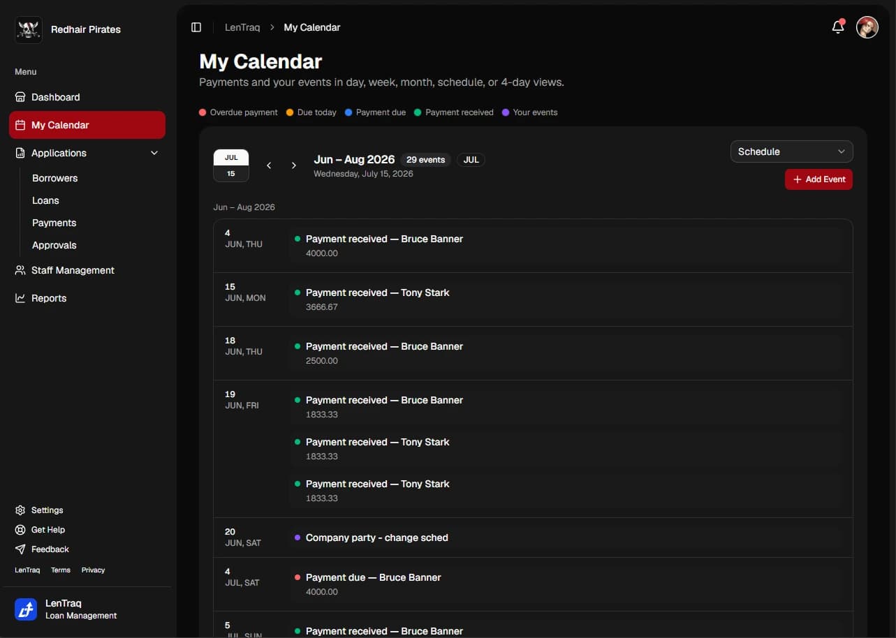 LenTraq Calendar Schedule